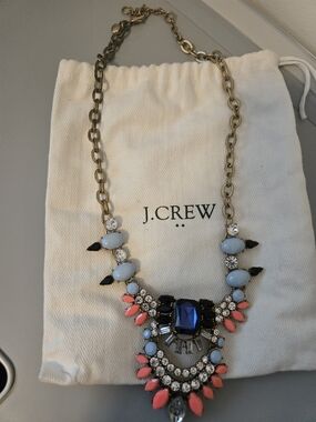 J. Crew Coral, Light Blue and Navy Crystal Bib Necklace